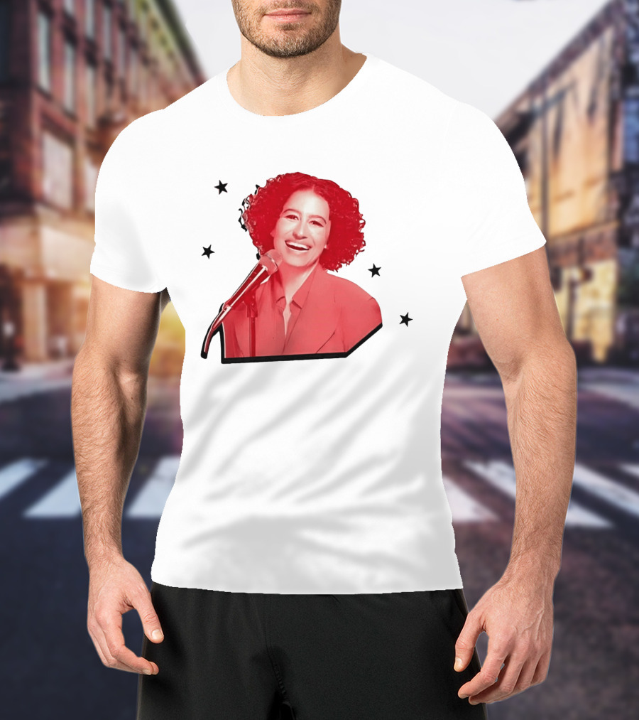 Red Tinted Woman Curly Hair Microphone Black Stars T-Shirt