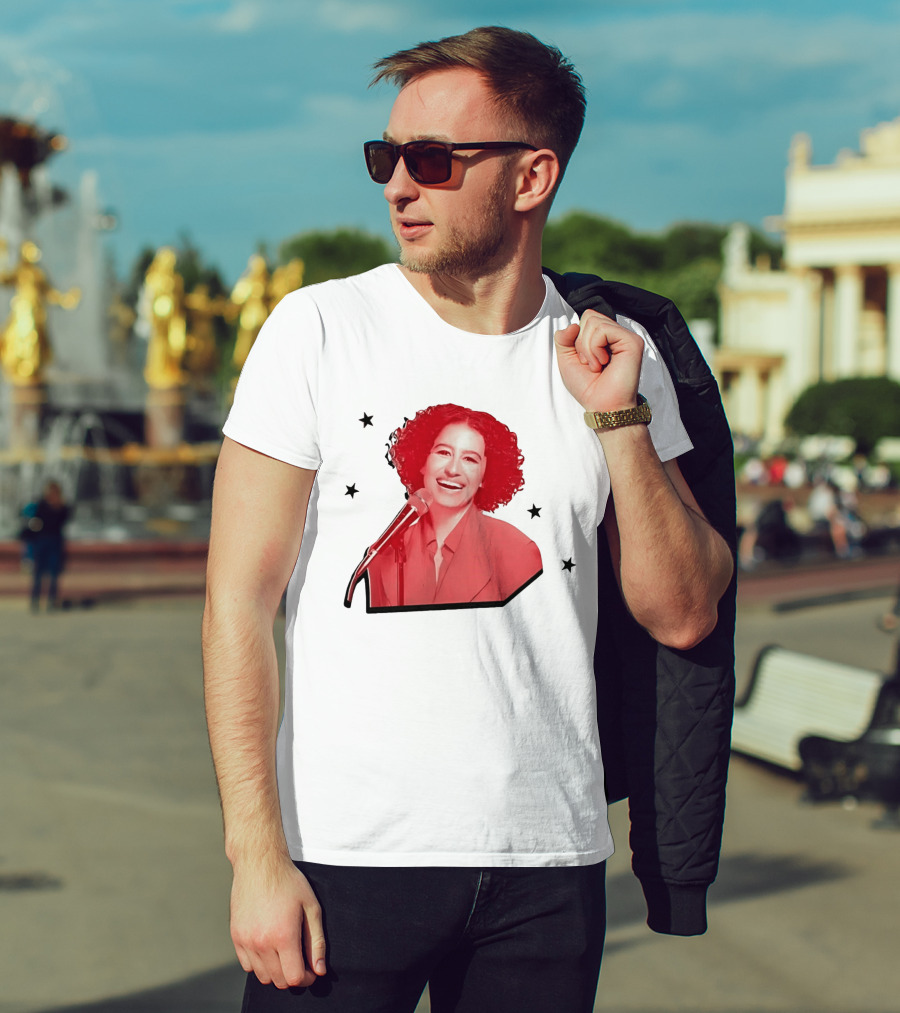 Red Tinted Woman Curly Hair Microphone Black Stars T-Shirt