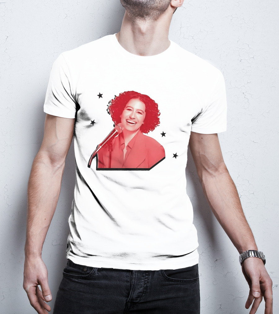 Red Tinted Woman Curly Hair Microphone Black Stars T-Shirt