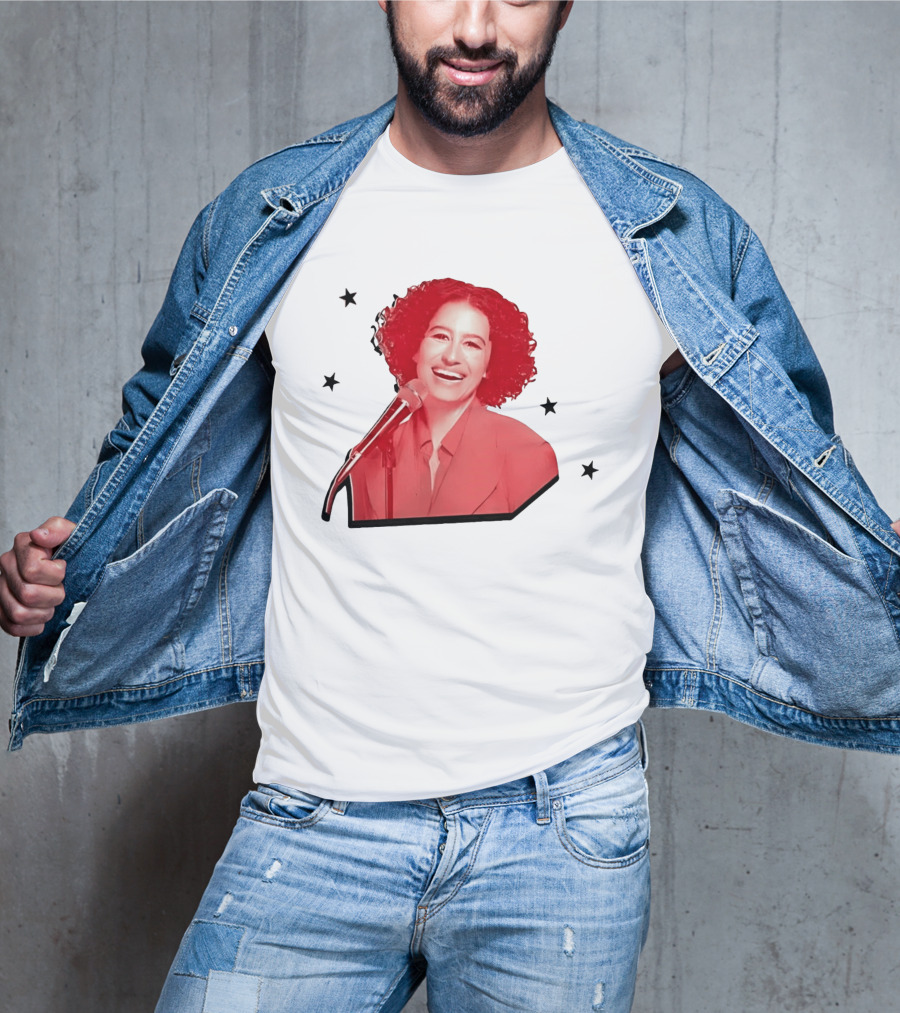 Red Tinted Woman Curly Hair Microphone Black Stars T-Shirt