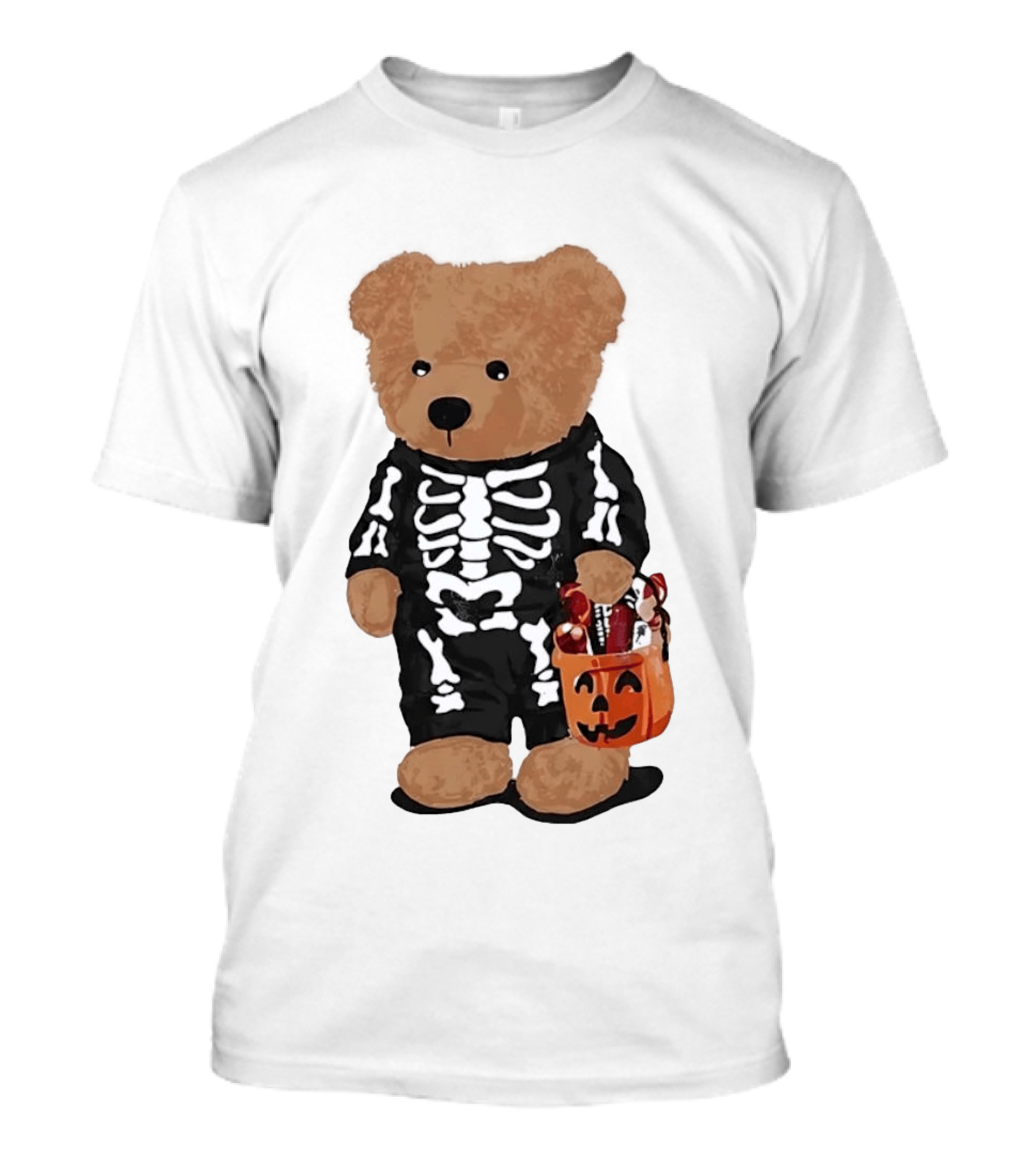 Teddy Bear Skeleton Costume Jack O Lantern Pumpkin Candy Cartoon T-Shirt