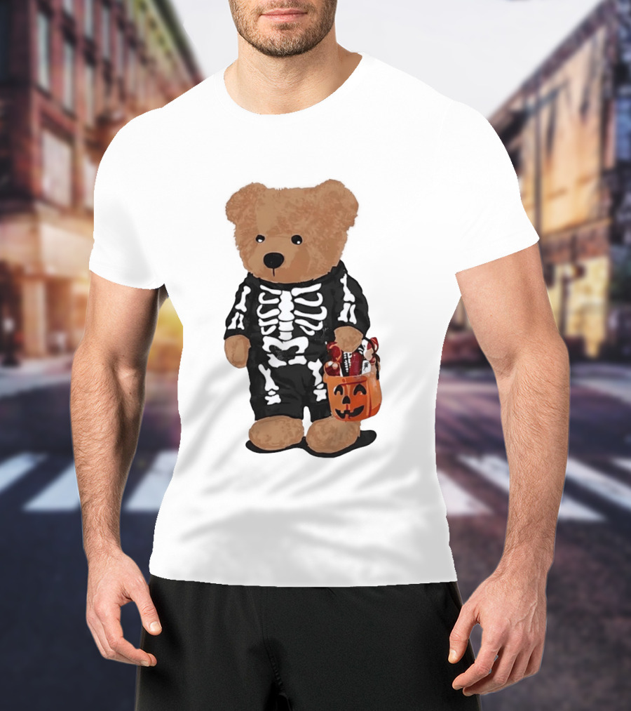 Teddy Bear Skeleton Costume Jack O Lantern Pumpkin Candy Cartoon T-Shirt