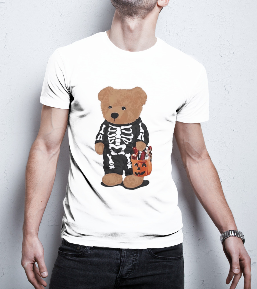 Teddy Bear Skeleton Costume Jack O Lantern Pumpkin Candy Cartoon T-Shirt