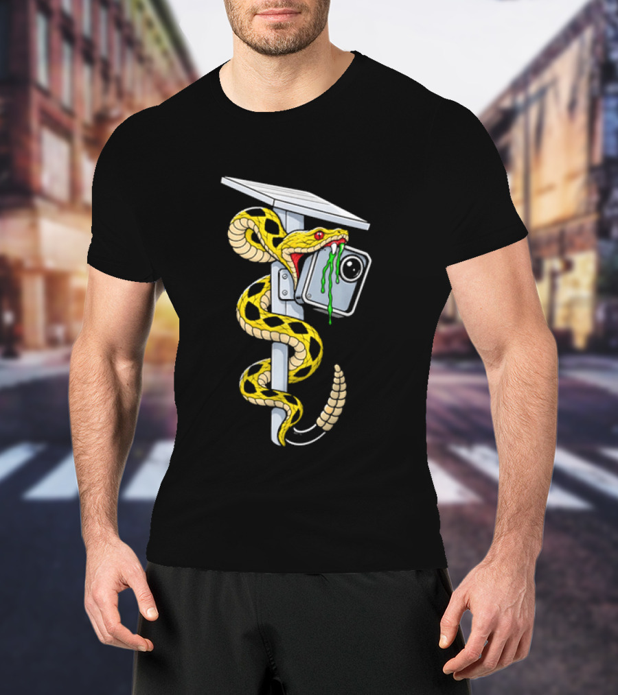 Cartoon Yellow Rattlesnake Biting Security Camera Solar Panel Pole Dripping Venom T-Shirt