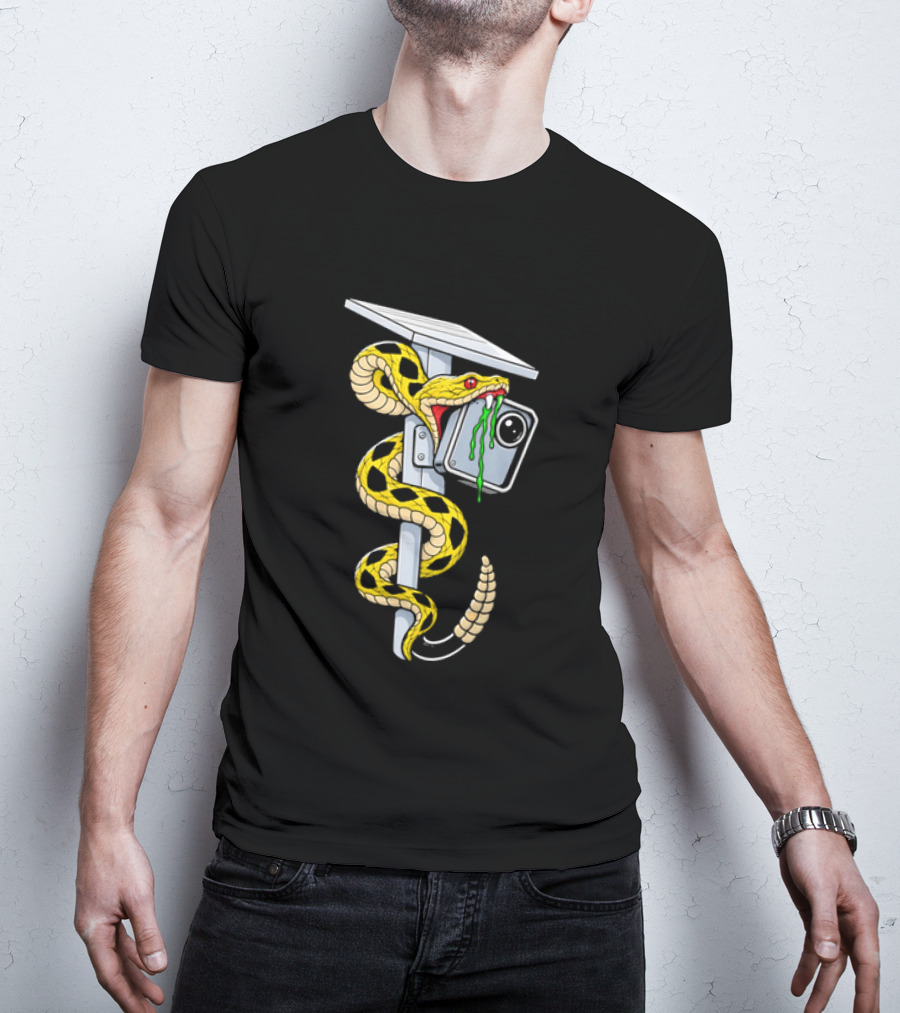 Cartoon Yellow Rattlesnake Biting Security Camera Solar Panel Pole Dripping Venom T-Shirt