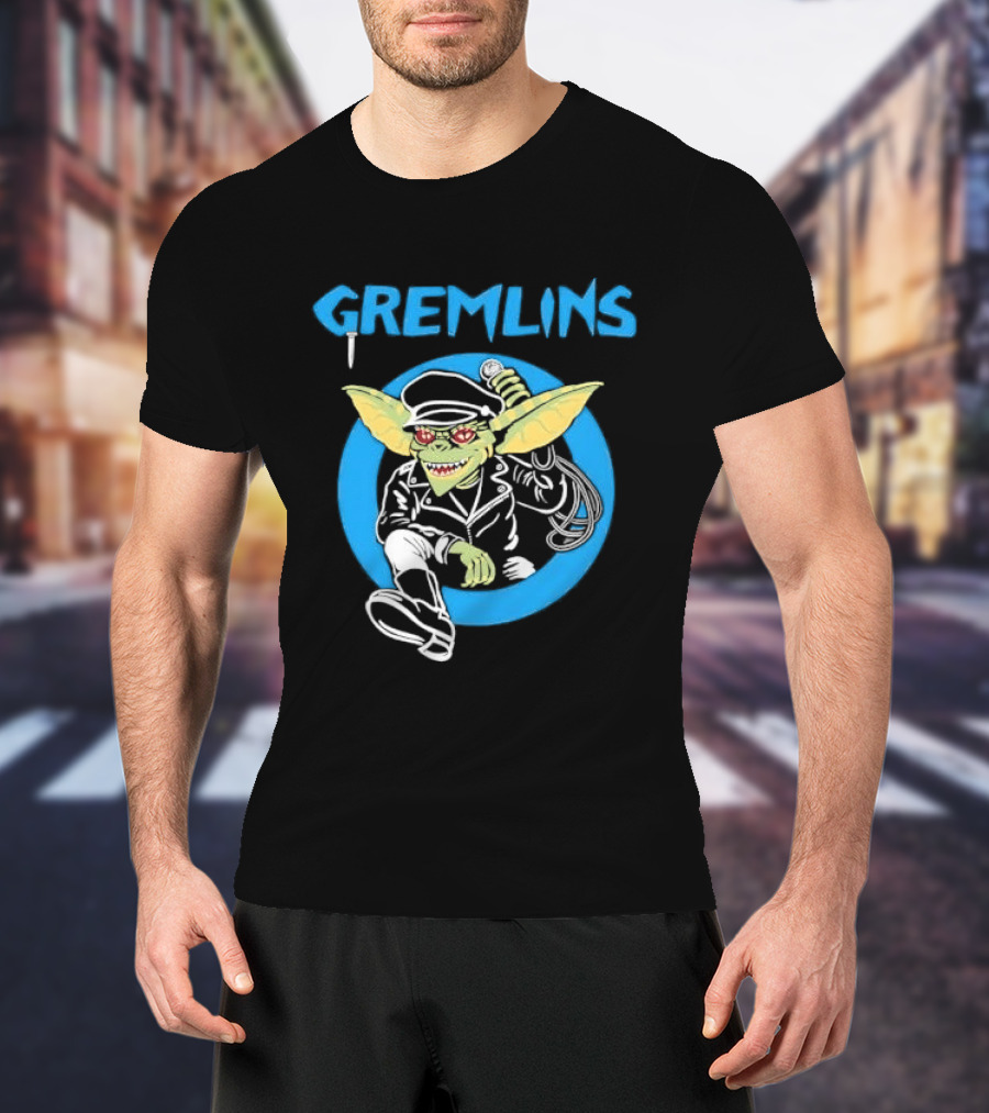 Gremlins Cartoon Leather Biker Gizmo Blue Circle T-Shirt