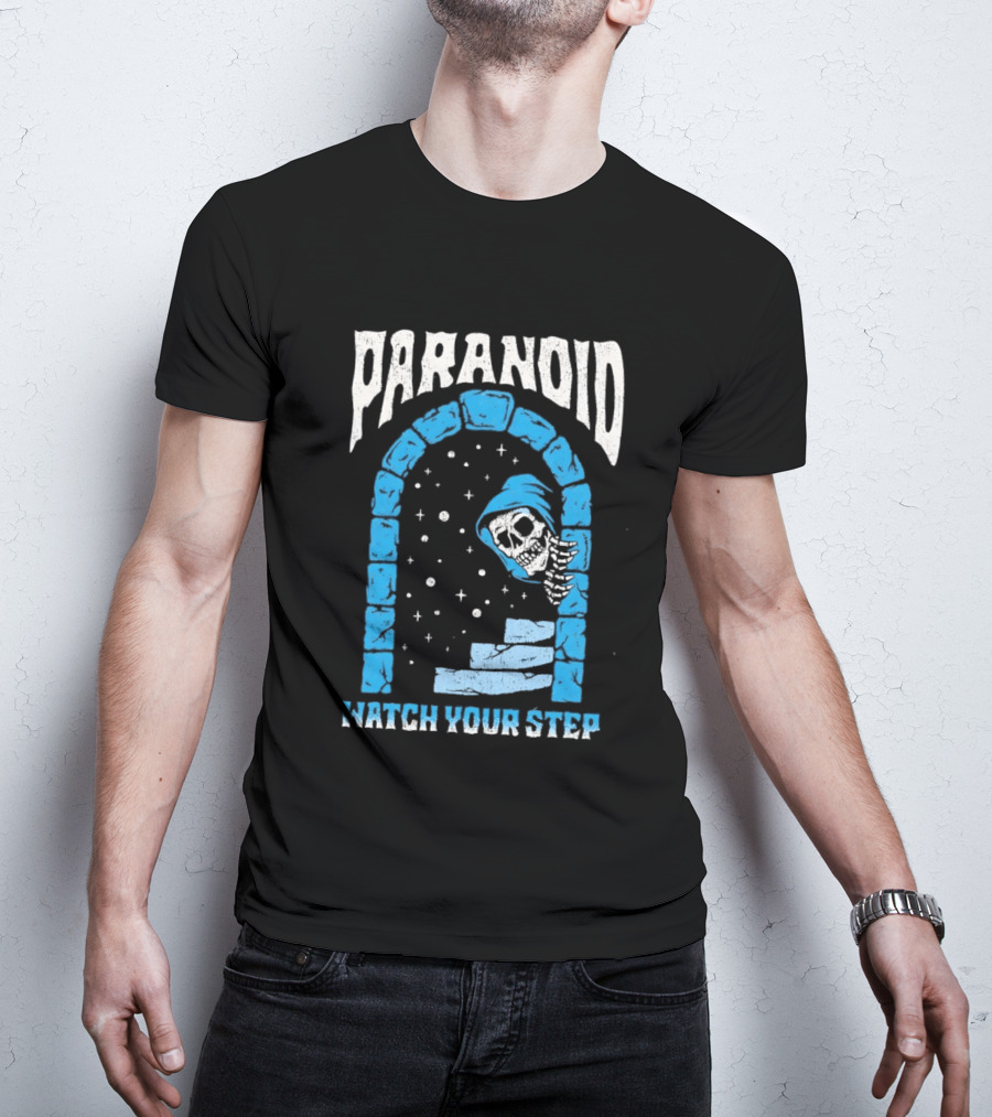 Paranoid Skeleton Peeking Stone Archway Your Step T-Shirt