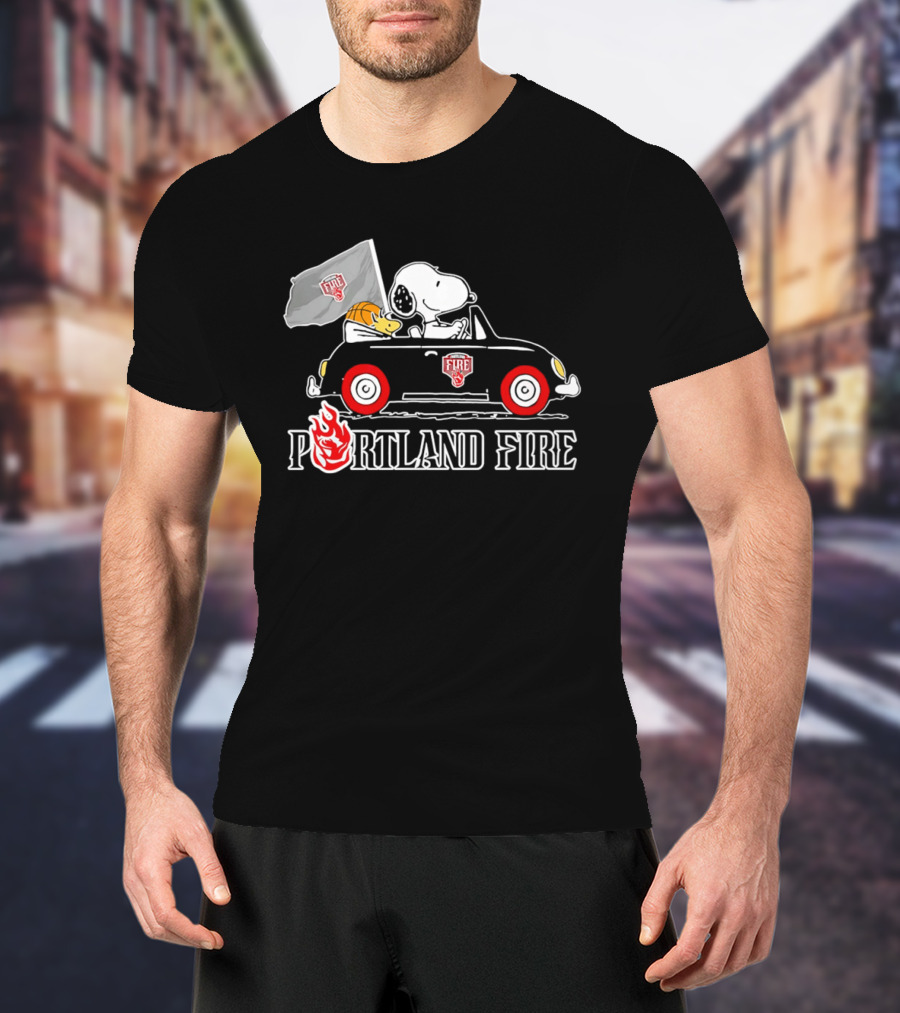 Portland Fire Snoopy And Woodstock Driving Vintage Car With Flag T-Shirt