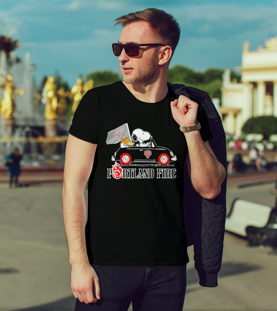 Portland Fire Snoopy And Woodstock Driving Vintage Car With Flag T-Shirt
