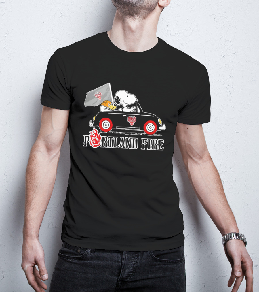 Portland Fire Snoopy And Woodstock Driving Vintage Car With Flag T-Shirt