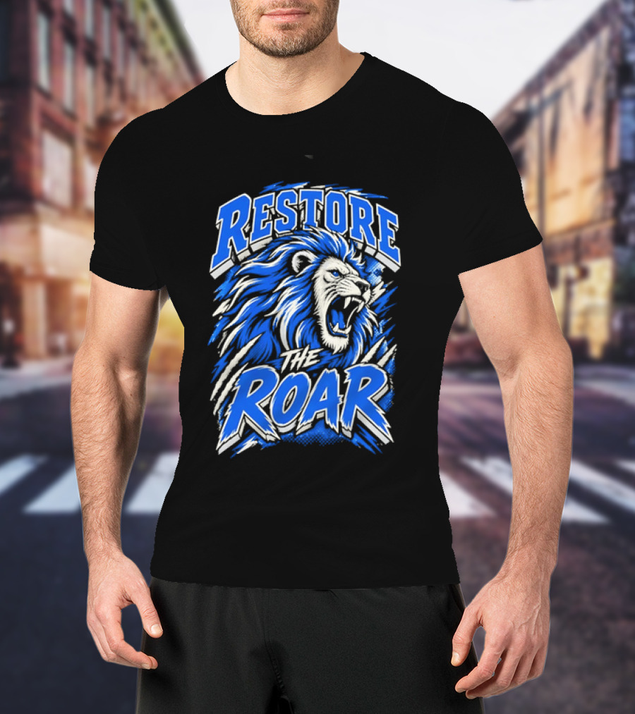 Restore The Roar Blue Lion Head With Halftone Scratch Marks T-Shirt