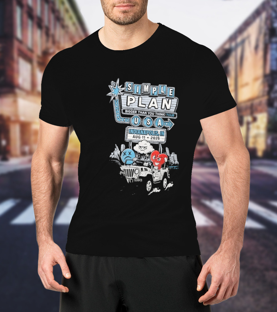 Simple Plan Indianapolis IN 2026 Bigger Than You Think Tour August 11 White River State Park USA Classic Car And Happy Heart T-Shirt