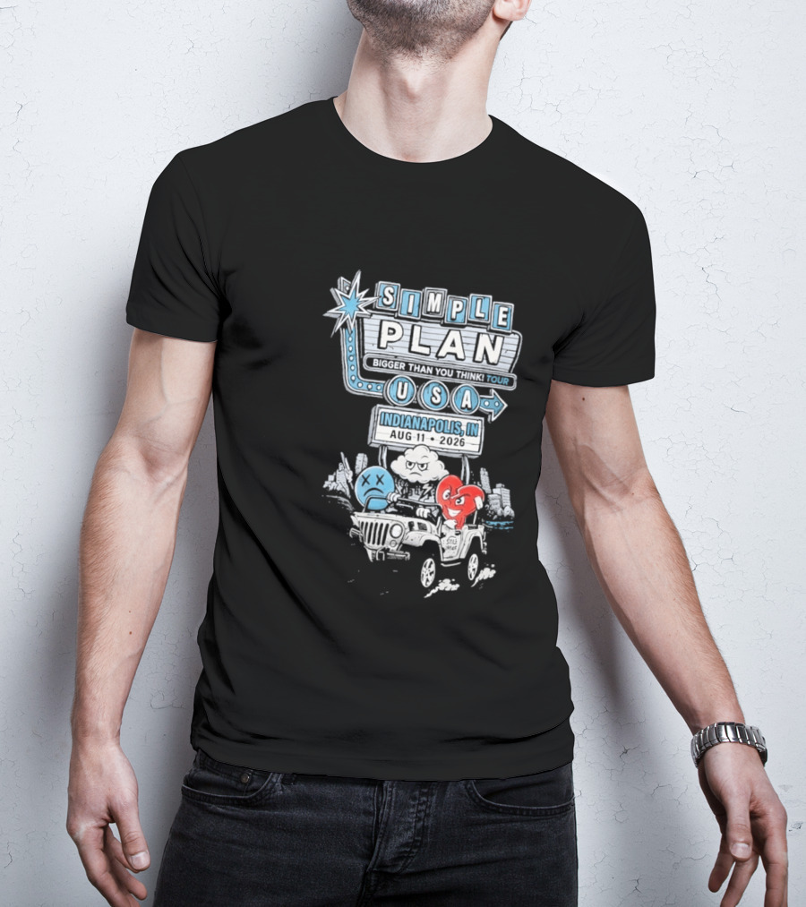 Simple Plan Indianapolis IN 2026 Bigger Than You Think Tour August 11 White River State Park USA Classic Car And Happy Heart T-Shirt