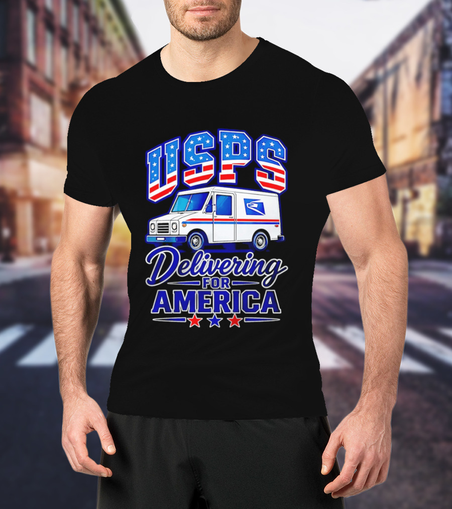 USPS Delivering For America Mail Truck Patriotic Stars And Stripes T-Shirt