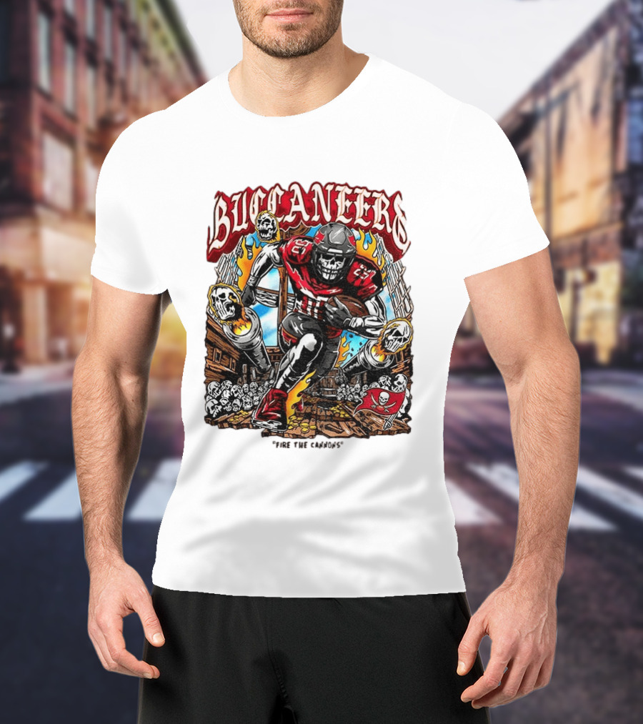 Buccaneers Fire The Cannons Skeleton Football T-Shirt