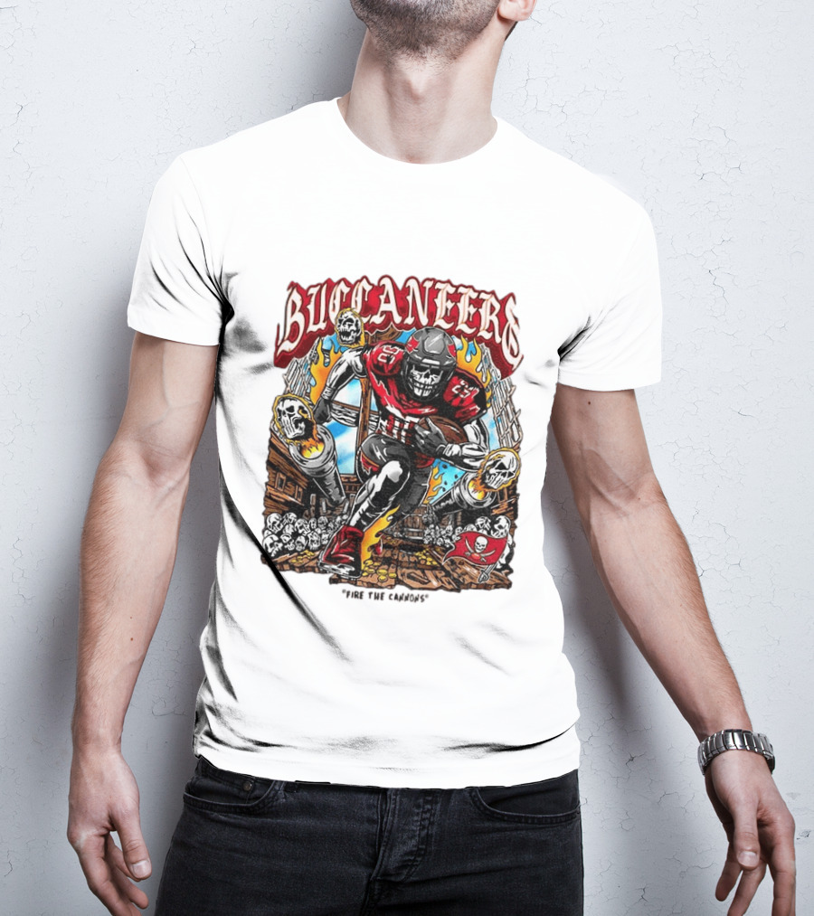 Buccaneers Fire The Cannons Skeleton Football T-Shirt