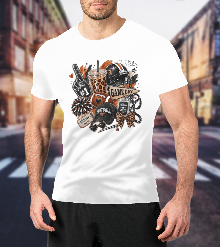 Leopard Game Day Football Touchdown Vibes #1 Fan Helmet Pom Pom Bow T-Shirt