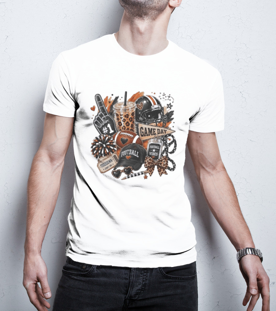 Leopard Game Day Football Touchdown Vibes #1 Fan Helmet Pom Pom Bow T-Shirt