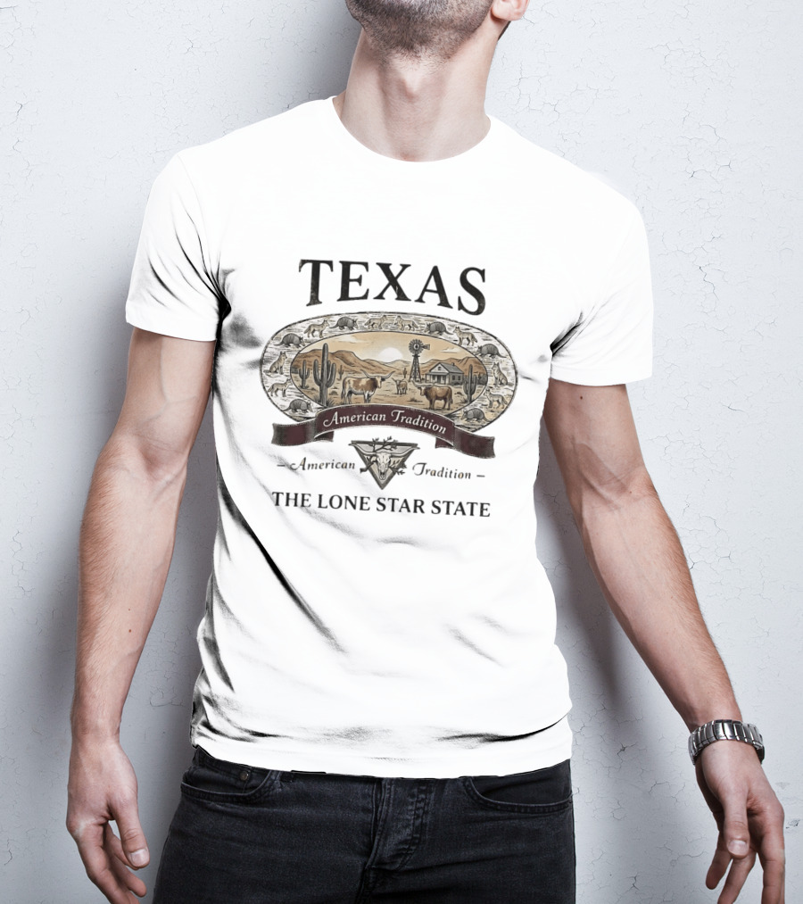 Texas American Tradition The Lone Star State Armadillo Longhorn Desert Scene T-Shirt