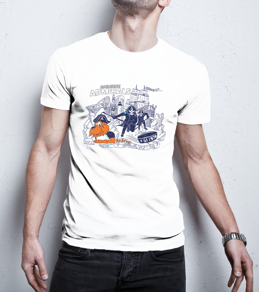 Milwaukee Admirals Roscoe Est 1970 Hockey Mascot And Cityscape T-Shirt