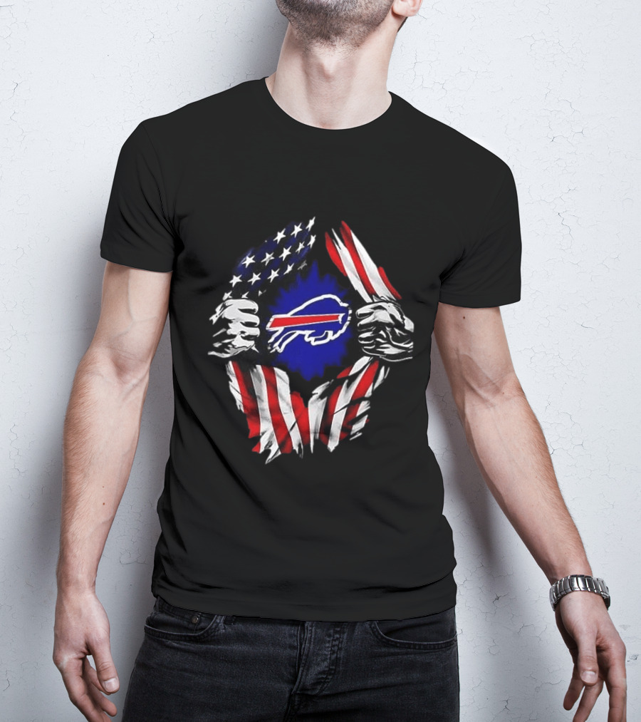 Buffalo Bills Superman Skull Cap Backwards American Flag Rip T-Shirt