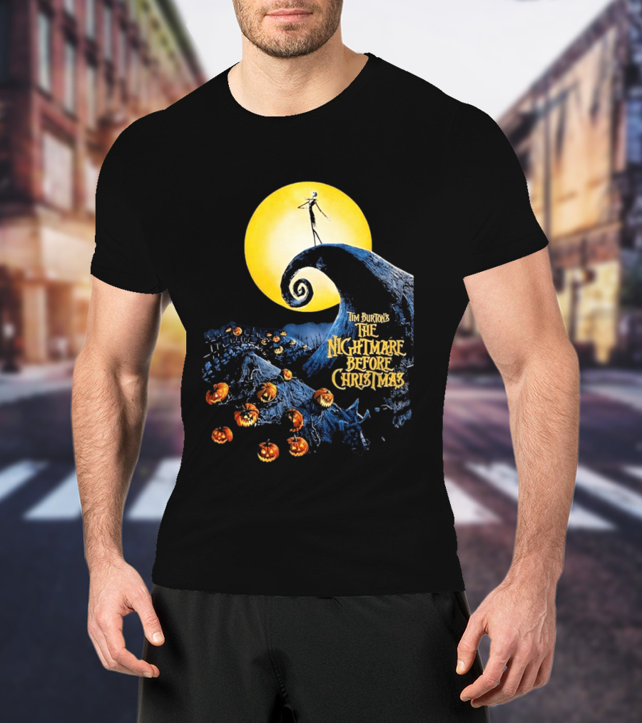 Tim Burton's The Nightmare Before Christmas Jack Skellington Moon Scene With Pumpkins T-Shirt
