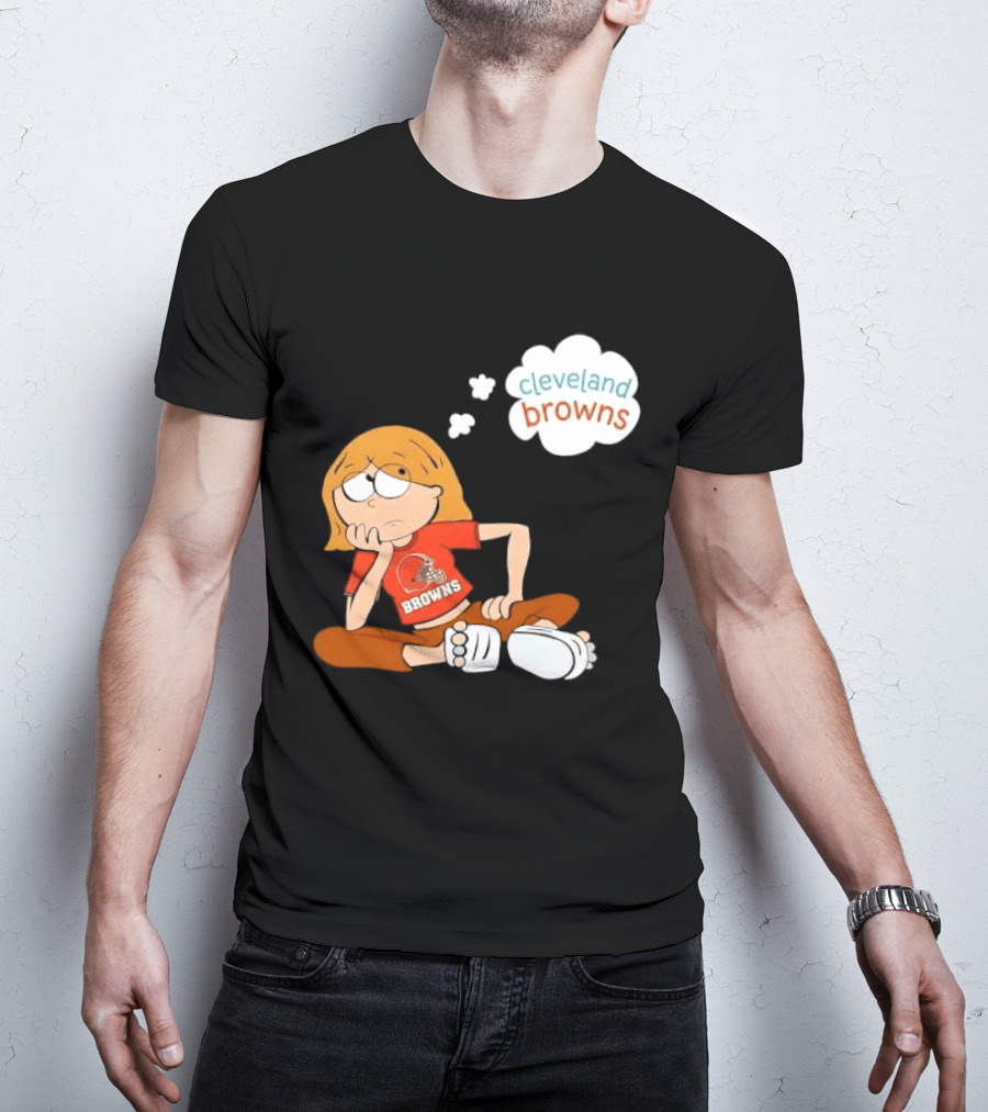 Cleveland Browns Cartoon Girl Sitting With Thought Bubble T-Shirt
