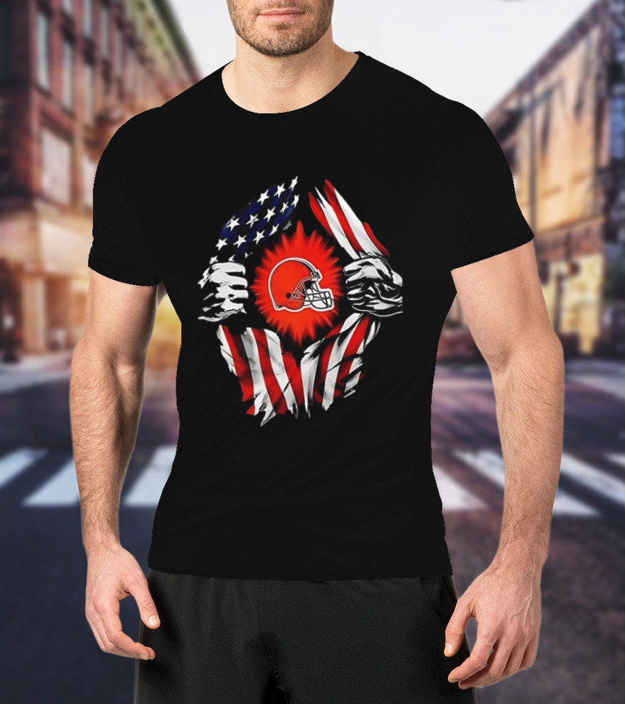 Cleveland Browns Super Man Skull Cap Backwards American Flag Ripped T-Shirt