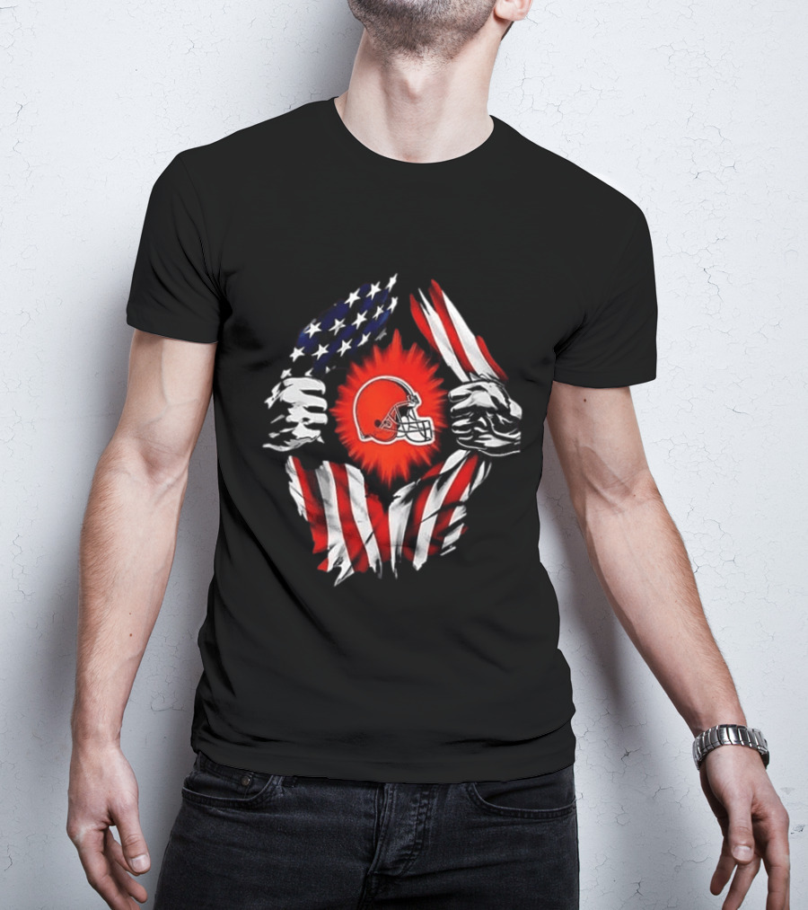 Cleveland Browns Super Man Skull Cap Backwards American Flag Ripped T-Shirt