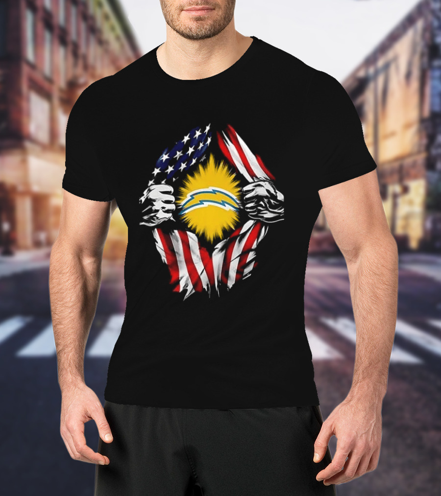 Los Angeles Chargers Superman Skull Cap Backwards USA Flag Power T-Shirt