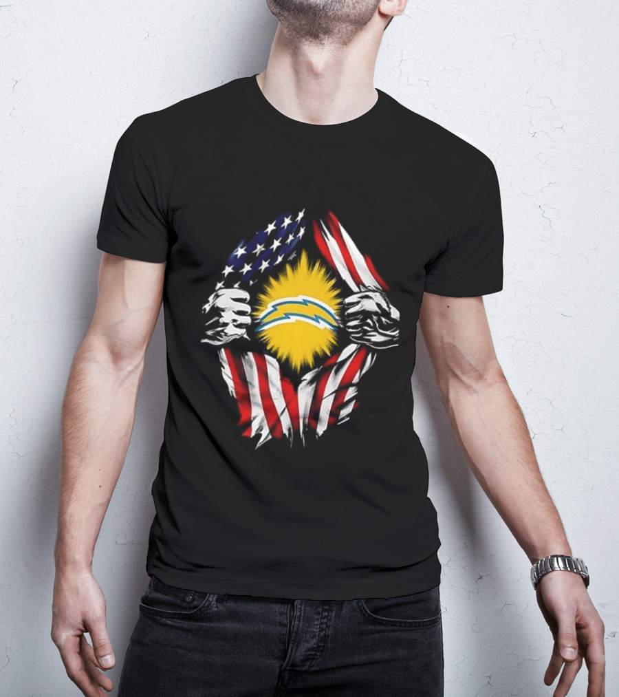 Los Angeles Chargers Superman Skull Cap Backwards USA Flag Power T-Shirt