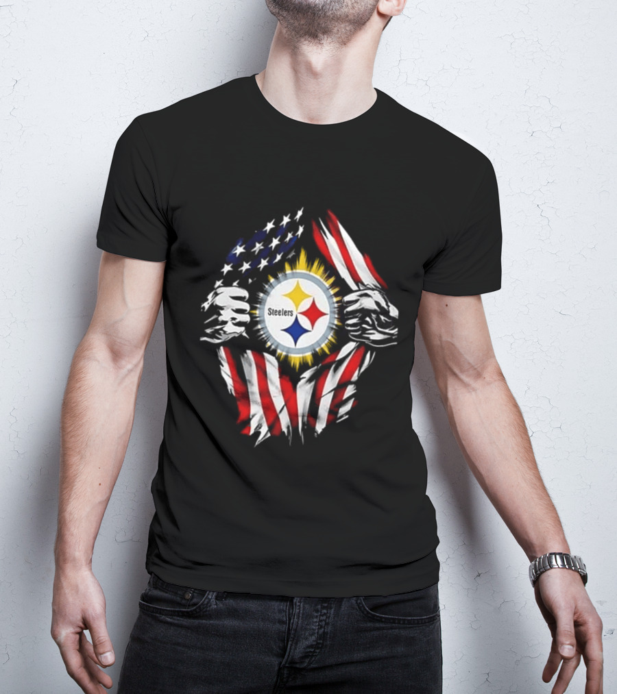 Pittsburgh Steelers Superman Skull Cap USA Flag T-Shirt