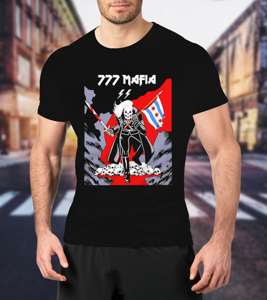 777 Mafia Chicago Flag Skeleton Skull T-Shirt
