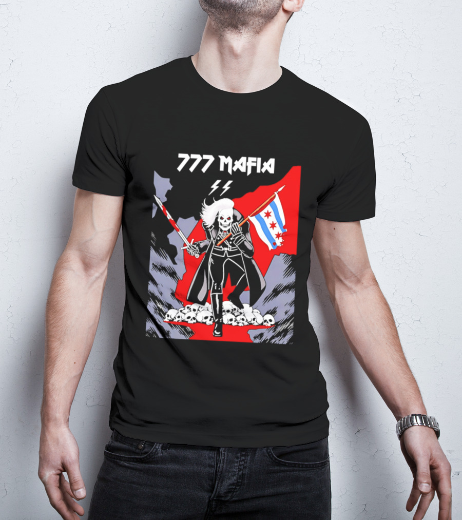 777 Mafia Chicago Flag Skeleton Skull T-Shirt