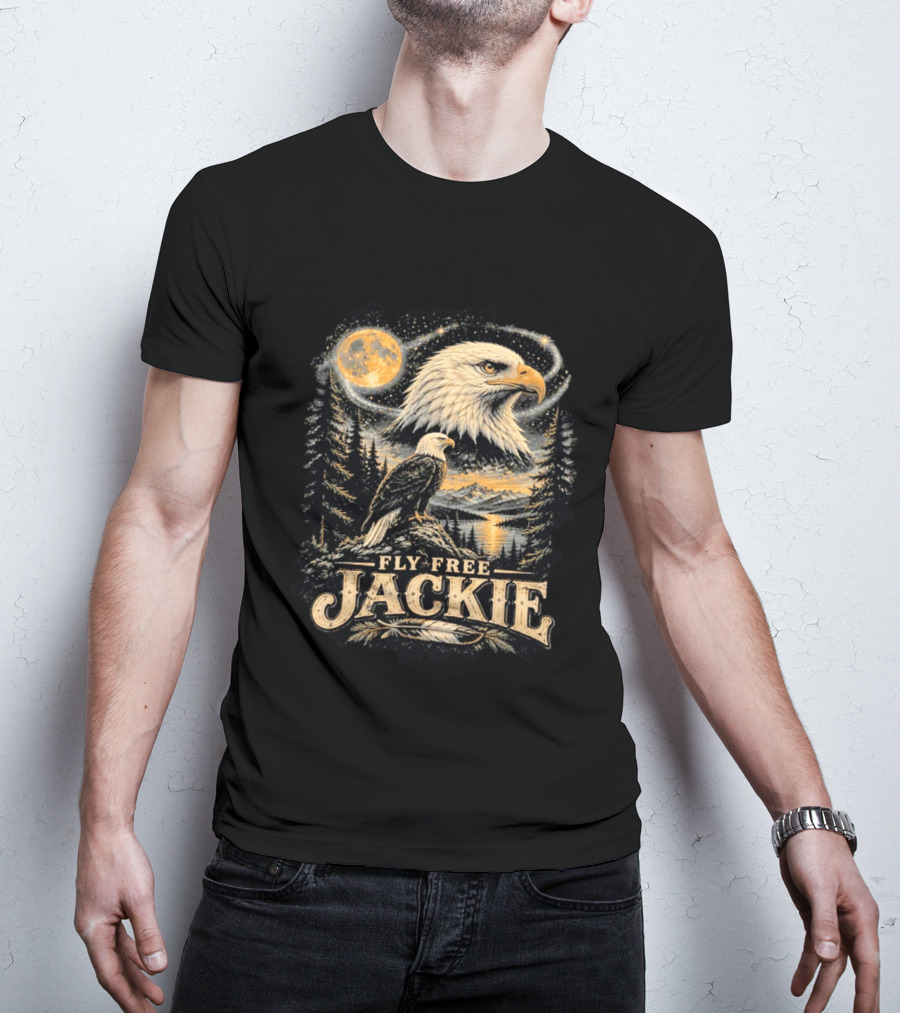 Fly Free Jackie Bald Eagle Scenic Tribute Moonlit Forest Landscape T-Shirt