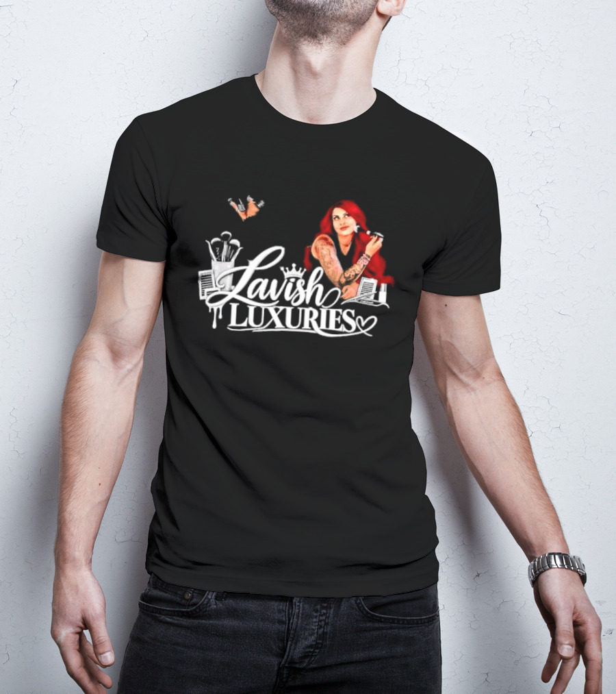 Lavish Luxuries Tattooed Red Hair Woman Makeup Brushes Lash Trays T-Shirt