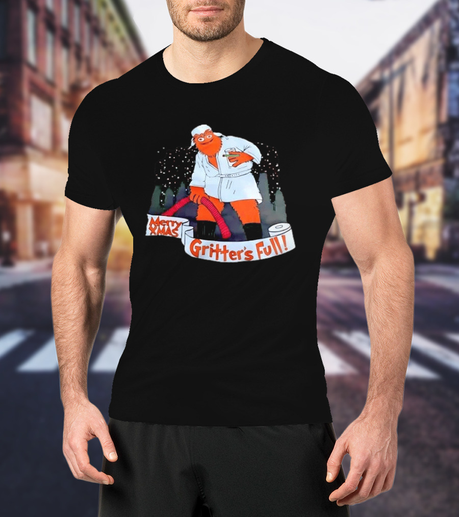 Merry Xmas Gritters Full Cartoon Orange Bathrobe Holding Hose T-Shirt