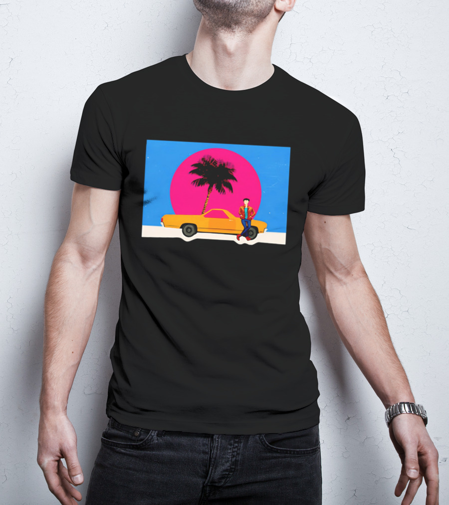 Yellow Car Palm Tree Retro Sunset Aesthetic T-Shirt