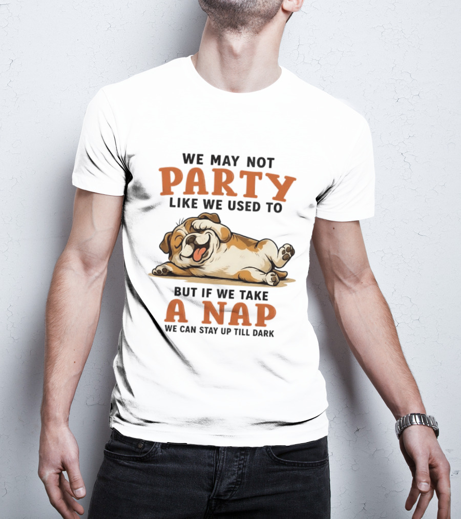 We May Not Party Like We Used To But If We Take A Nap We Can Stay Up Till Dark Cartoon Bulldog Lying Down T-Shirt