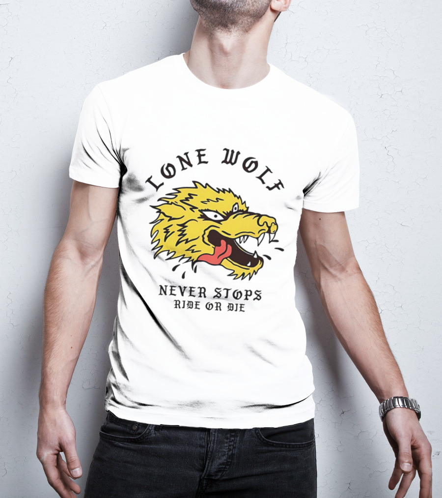 Lone Wolf Never Stops Ride Or Die Fierce Yellow Wolf Head T-Shirt