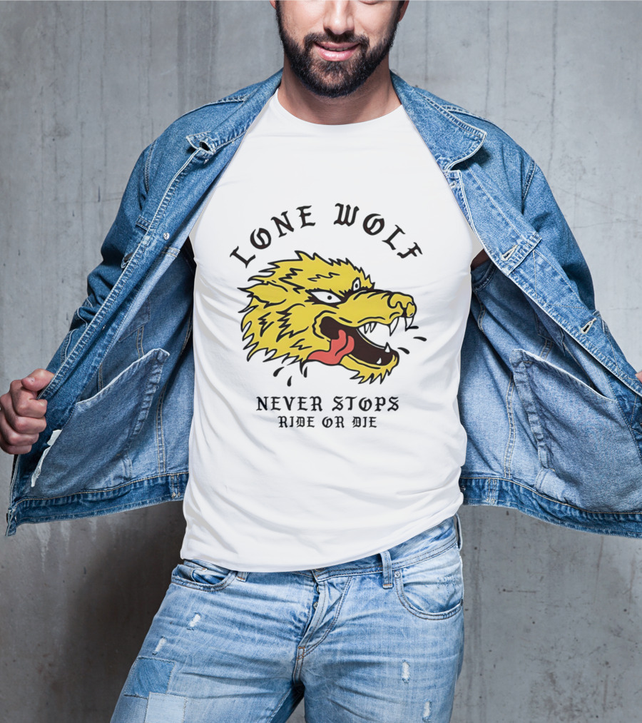 Lone Wolf Never Stops Ride Or Die Fierce Yellow Wolf Head T-Shirt