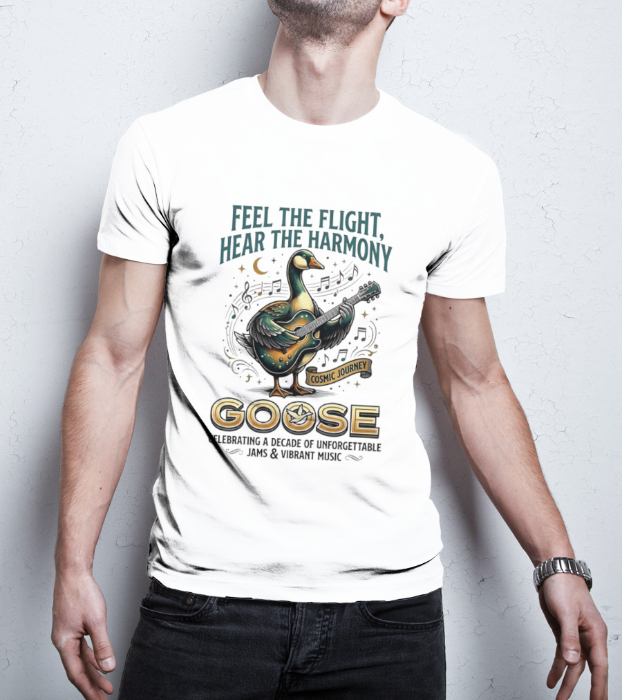 Goose Feel The Flight Hear The Harmony Cosmic Journey Celebrating A Decade Of Unforgettable Jams And Vibrant Music Moon Guitar Notes T-Shirt