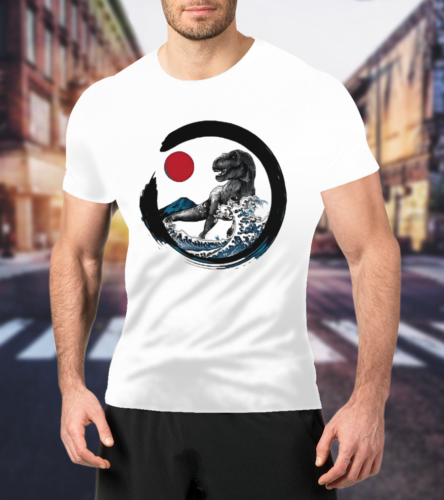 Tyrannosaurus Rex Riding Great Wave With Mount Fuji Enso And Red Sun T-Shirt