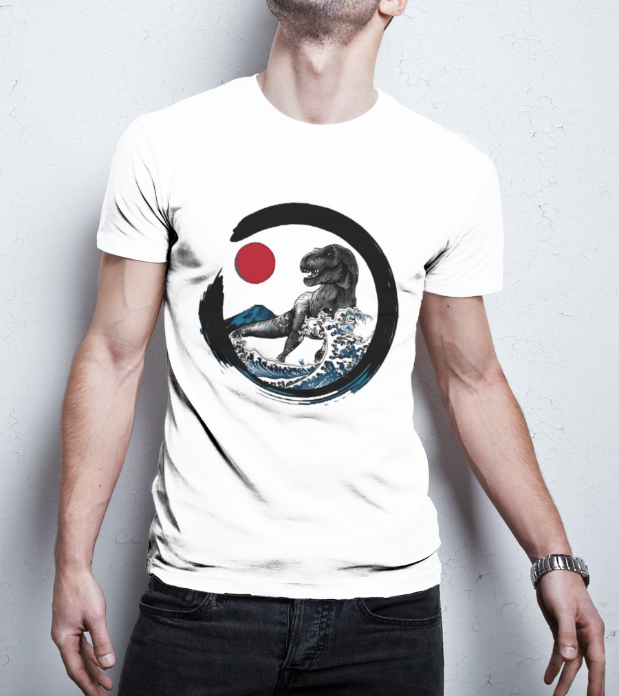 Tyrannosaurus Rex Riding Great Wave With Mount Fuji Enso And Red Sun T-Shirt