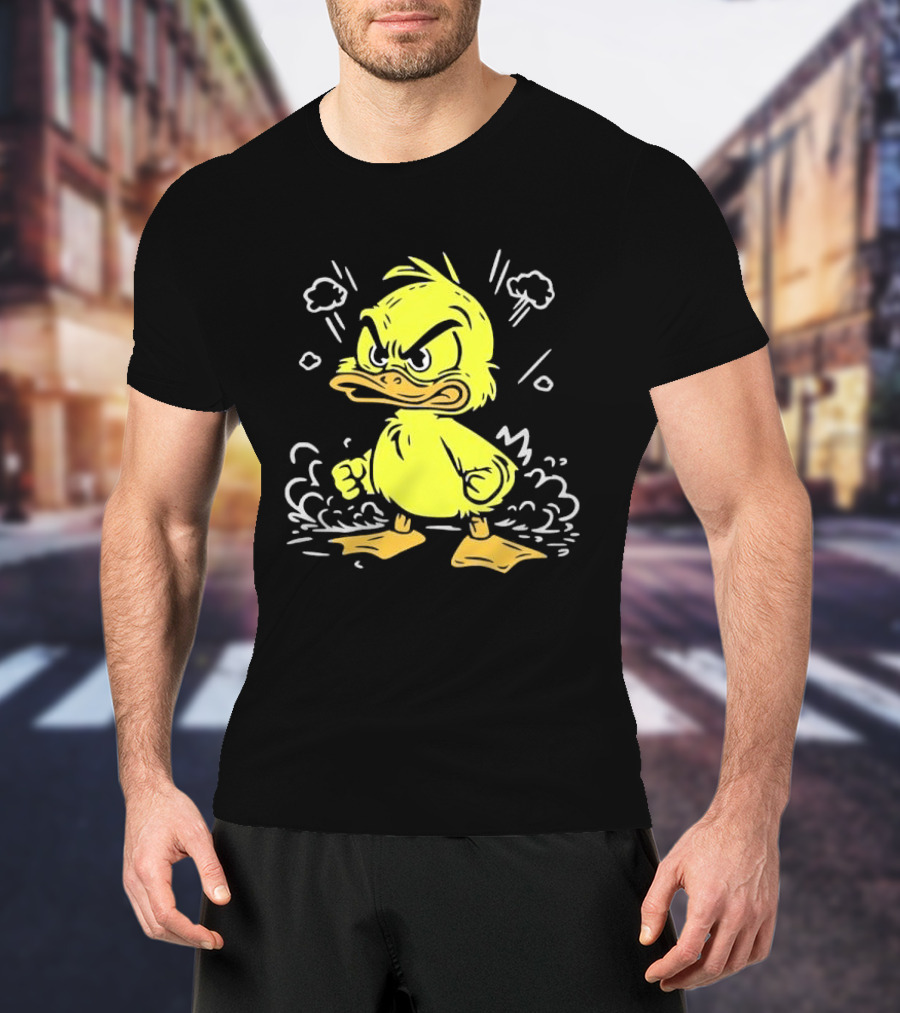 Angry Yellow Duckling Clenched Fists Smoke Clouds Cartoon Line T-Shirt