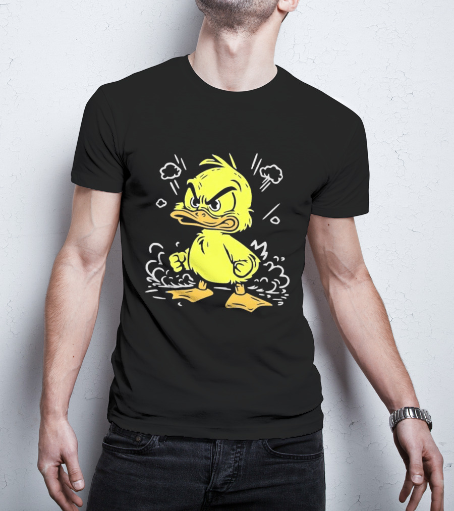 Angry Yellow Duckling Clenched Fists Smoke Clouds Cartoon Line T-Shirt