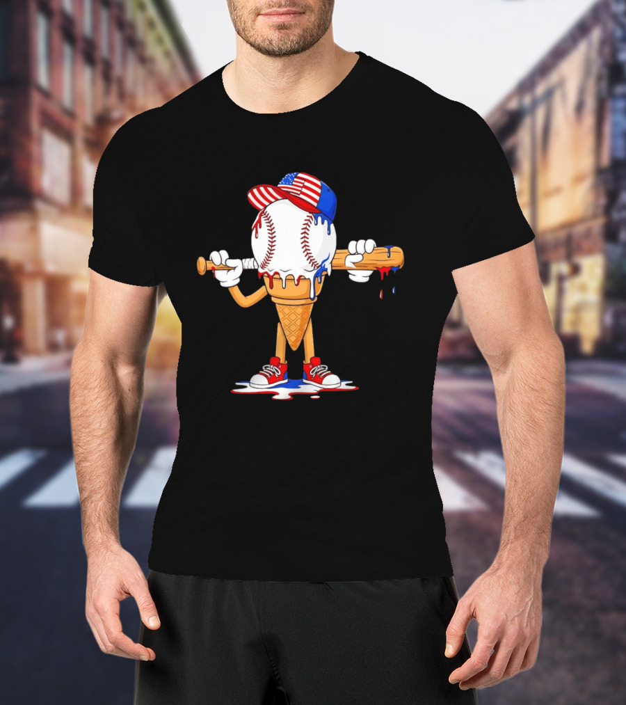Patriotic Ice Cream Baseball Cone USA Flag Cap And Bat T-Shirt