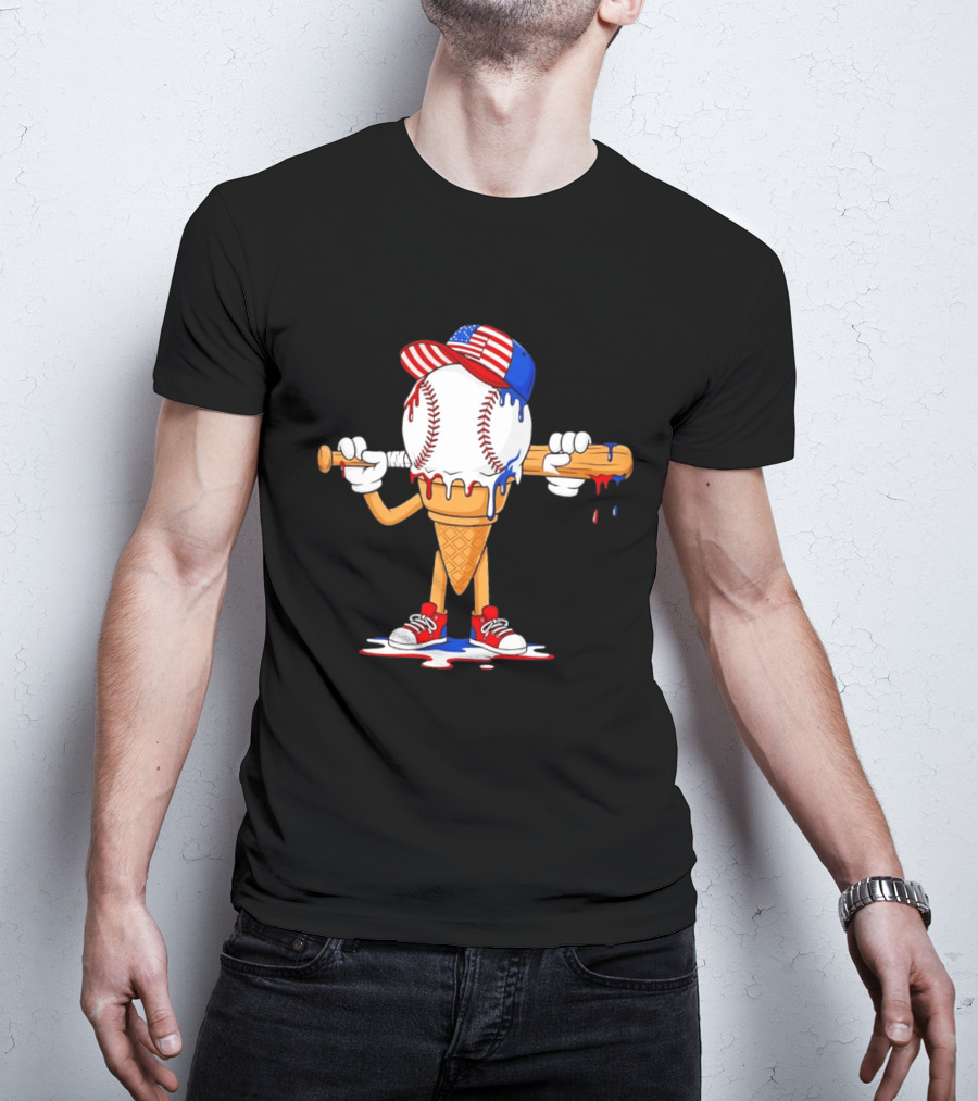 Patriotic Ice Cream Baseball Cone USA Flag Cap And Bat T-Shirt