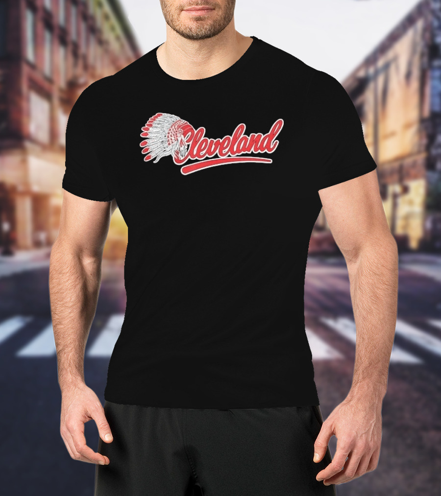 Cleveland Native American Feather Headdress Distressed Script T-Shirt