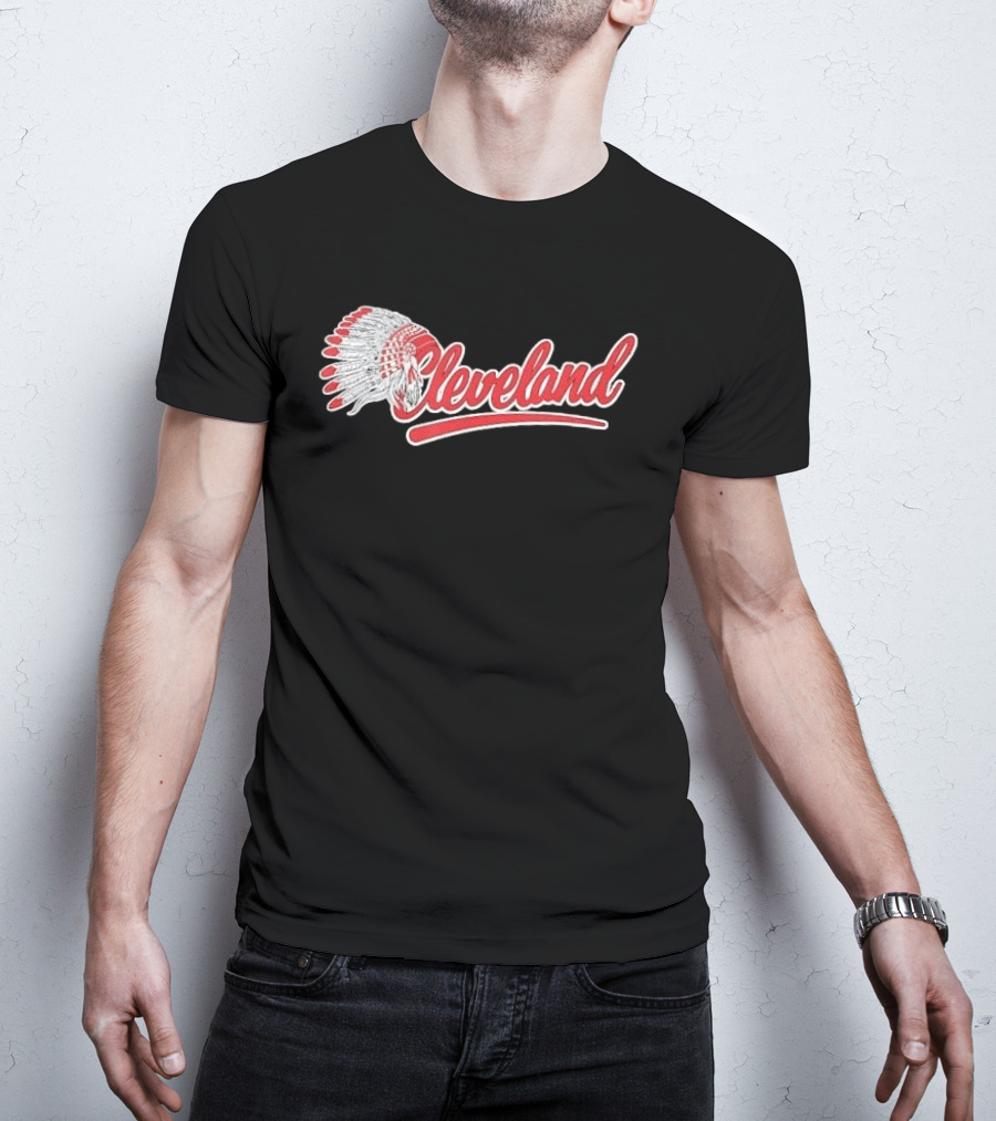 Cleveland Native American Feather Headdress Distressed Script T-Shirt